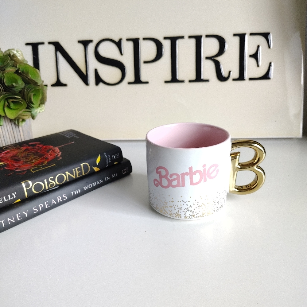 Barbie Ceramic Mug | White with Pink “Barbie” Text & Gold Handle | 17 oz - Picture 3 of 7